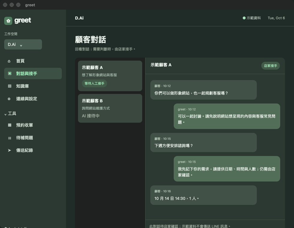 D.Ai 示範畫面：greet 顧客對話紀錄與店家接手狀態
